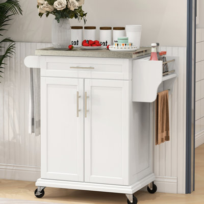 Chariot de cuisine avec comptoir en acier inoxydable - blanc crème, étagère à épices et comptoir pour îlot de cuisine mobile, tiroir, tablette à serviettes