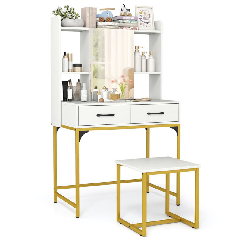 Dressing Table with Mirror, White/Gold