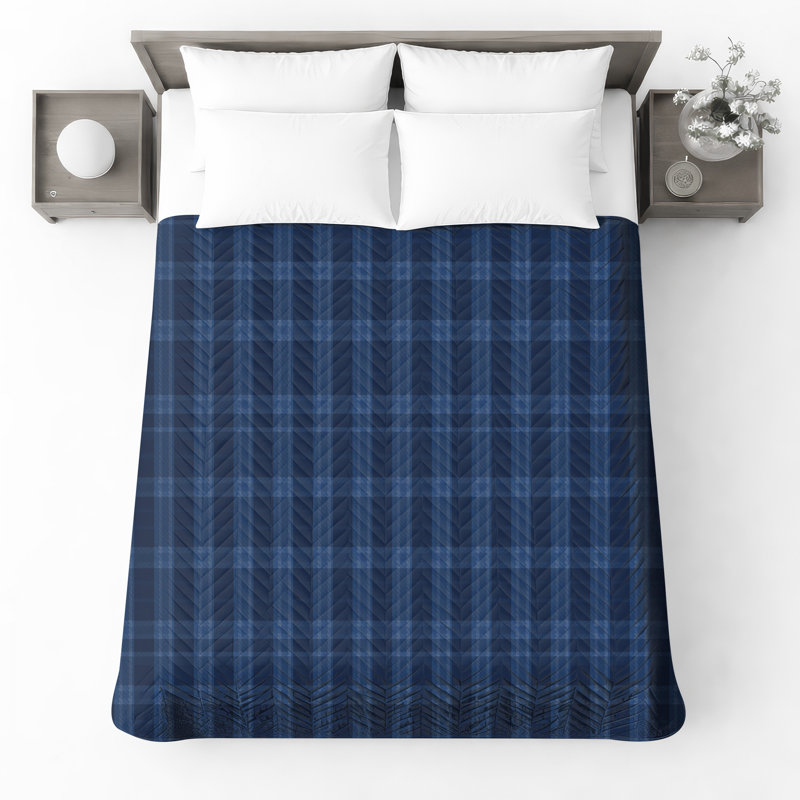 Navy Blue Plaid Quilted Bedspread All Sizes, Twin