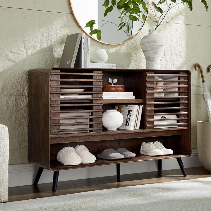 Redlemon 46" Mid Century Entryway Table With Slatted Sliding Door And Adjustable Storage Shelf