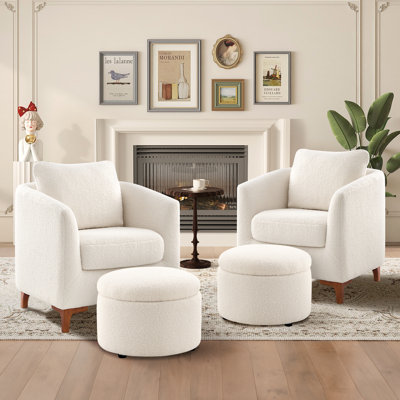 29.5" Wide Upholstered Barrel Accent Armchair With Storage Ottoman and Pillow
