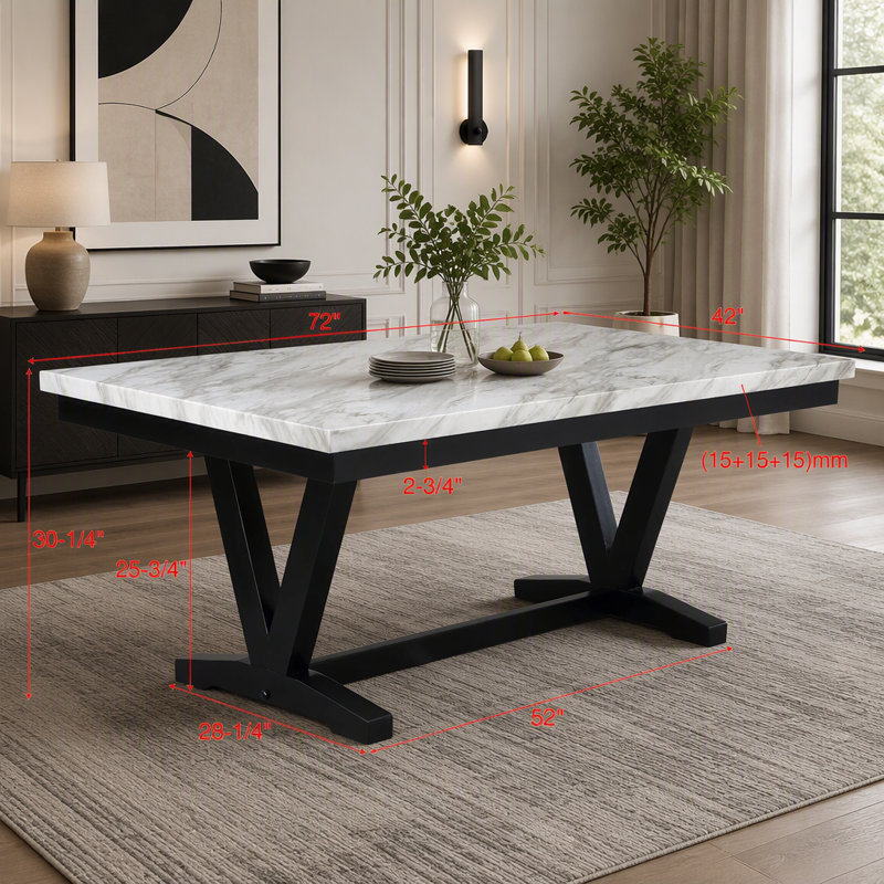 Table de salle à manger moderne moderne en faux marbre et noir avec table en V et tréteaux