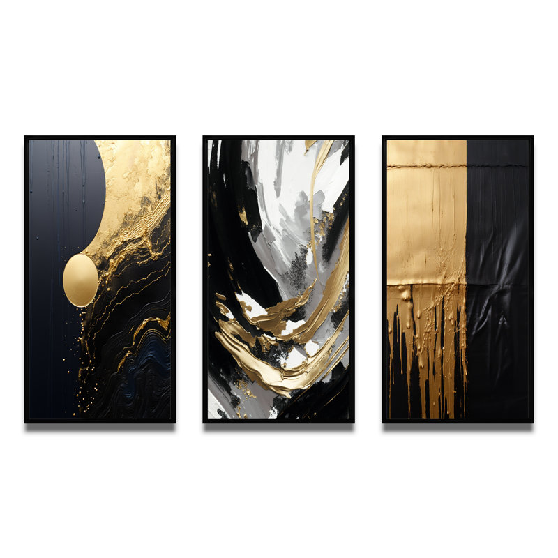 Essentiel naturel abstrait doré et noir II - ensemble de 3 peintures abstraites, Cadre flottant noir, H 40 po x l 60 po