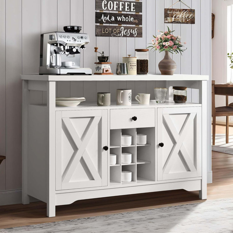 White Farmhouse Coffee Bar Cabinet with Storage, 47”