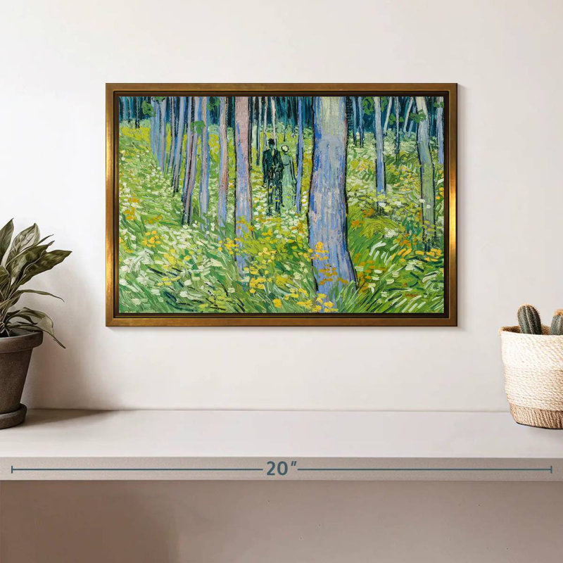 Sous-bois avec deux personnages, Cadre flottant doré, 13 po x 9 po