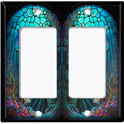 Cute Jelly Fish Blue Glass Art Print Copper Rust Patina Teal Print 2 - Gang Toggle Light Switch Standard Wall Plate