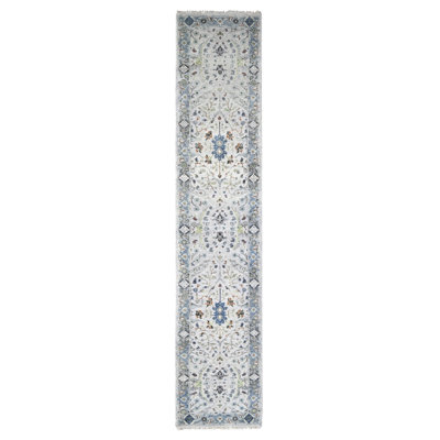 2'6"x11'9" Powder White, Oushak with Floral Motifs, Denser Weave, Hand Knotted, Pure Wool, Runner, Oriental Rug