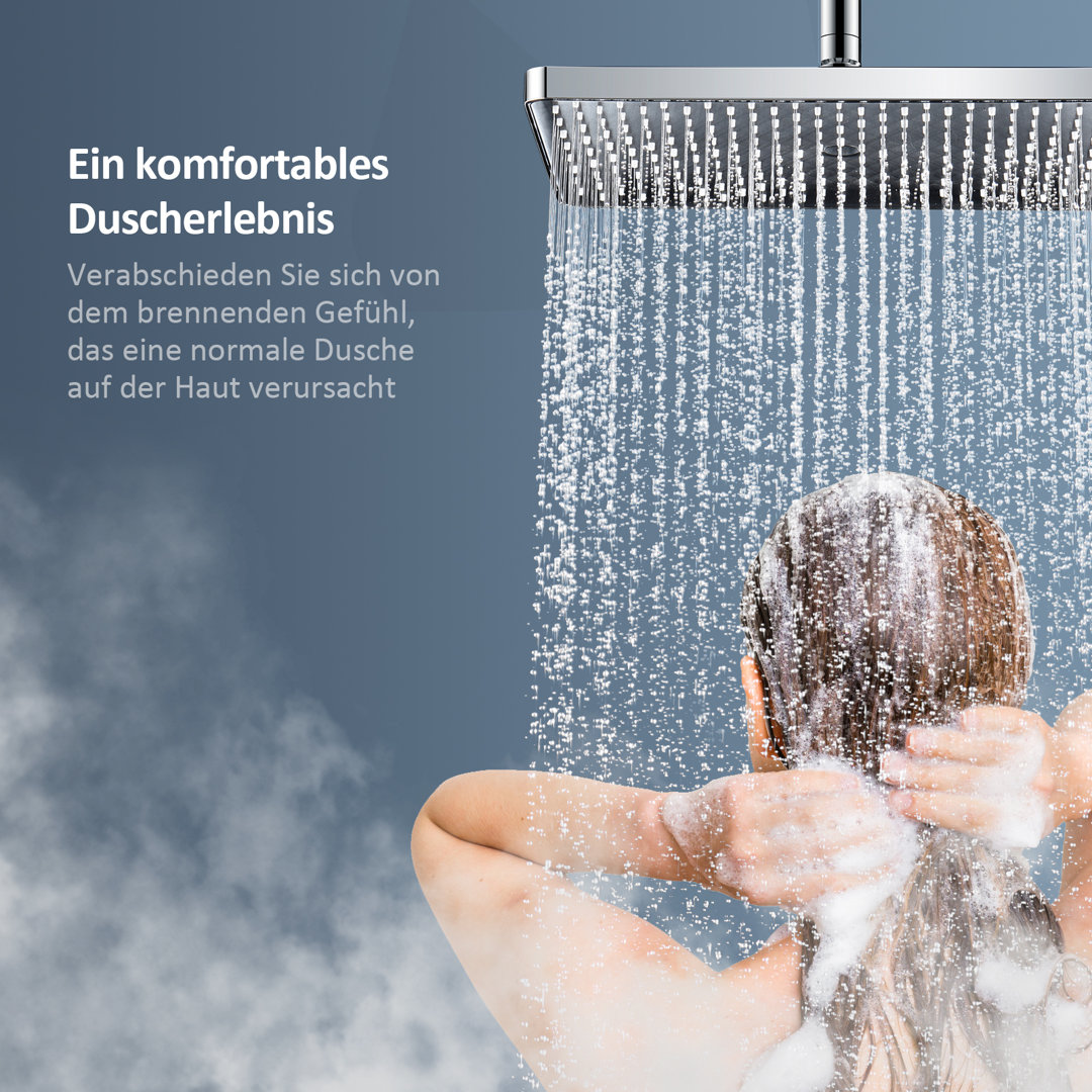 EMKE Duschsystem mit Thermostat, Handbrause mit 3 Strahlstärken, Wasserfall-Auslauf, Duschsäuleset Duschgarnitur mit gla...