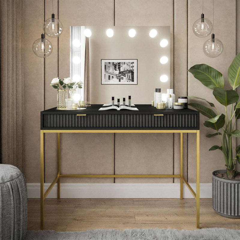 Anges Dressing Table with Mirror, Black Matt/Gold