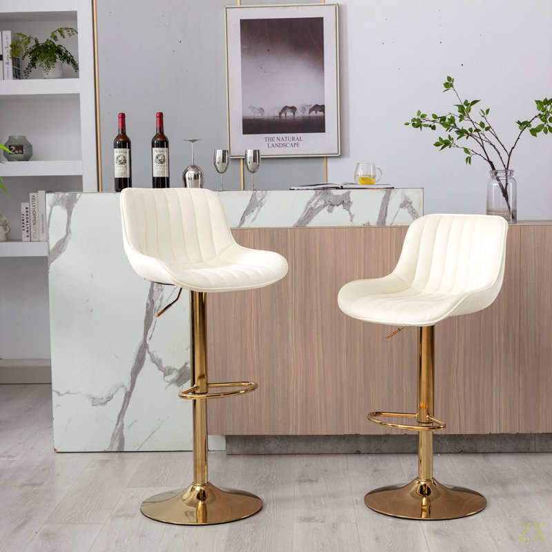 Tabouret de bar chromé à hauteur réglable en velours et repose-pieds chromé, ensemble de 2, Beige, Doré
