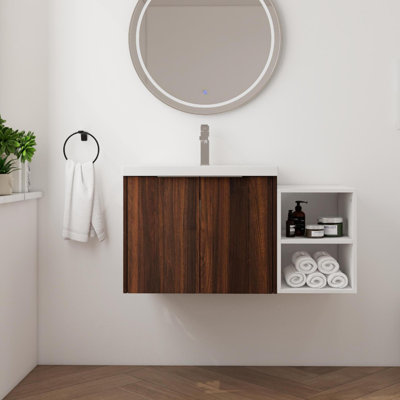 Meuble-lavabo mural simple 36 po avec plateau en résine Mohbeen, meuble-lavabo flottant avec 2 portes et tablette réglable