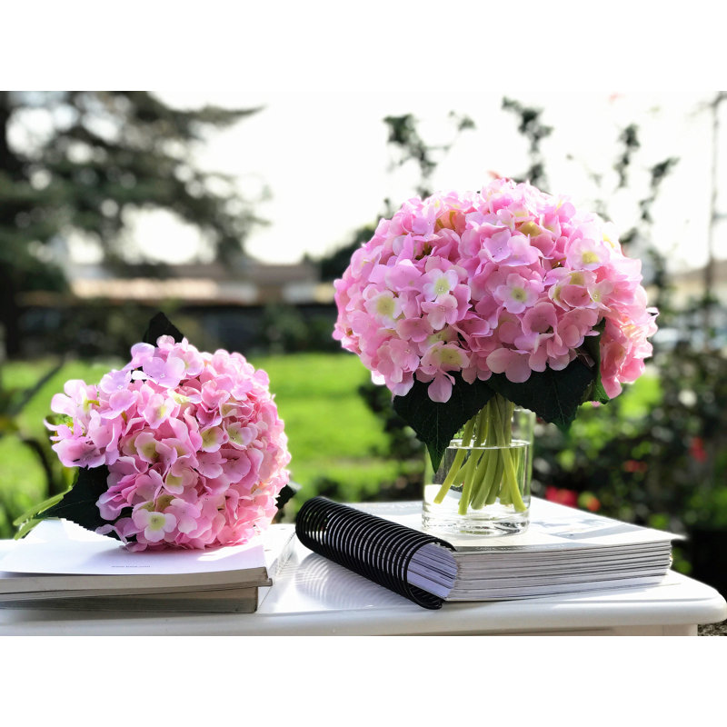 Pink Silk Hydrangea and Rose Arrangement in Clear Glass Vase