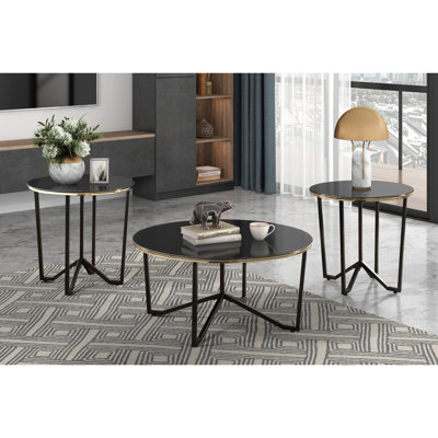 3 pièces de table basse et de tables de bout modernes avec dessus en verre trempé noir et cadres en métal pour le salon
