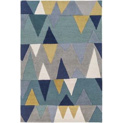 Tapis bleu sarcelle / bleu marine / jaune / gris en laine touffeté à la main Sandin