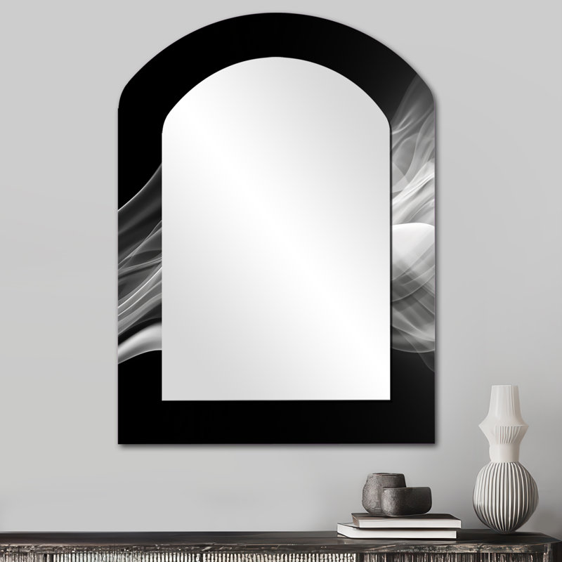 «Black White Contemplative Abstraction II - Waves Arch Mirror», miroir mural noir asymétrique unique, impression sur métal