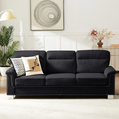 3 coussins rembourrés en mousse de style noir avec accoudoirs roulés et coussins hauts en mousse de 82 pouces de longueur pour un confort de 82 pouces, offrant un cadre de salon confortable