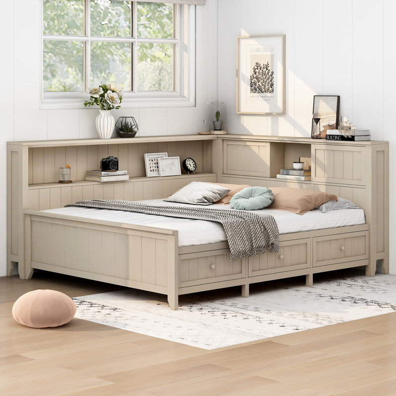 Lit de jour en bois de lait blanc antique avec tablette et 3 rangements, Full