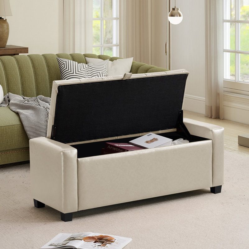 Banc de rangement rembourré en similicuir 43 po, repose-pieds capitonné pour le salon, la chambre à coucher, le vestibule, beige