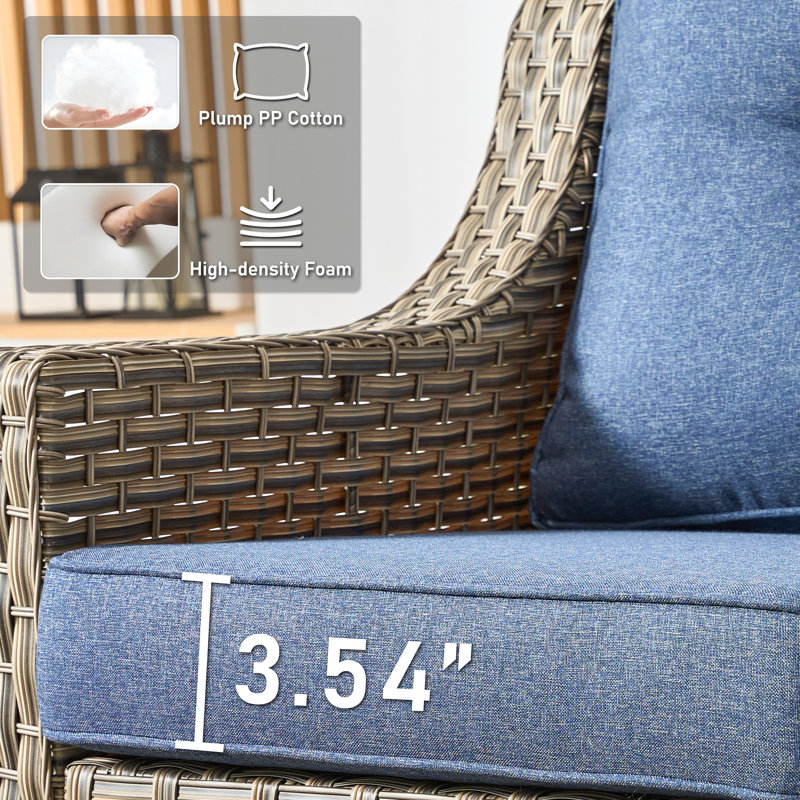 72" W 3-Seat Outdoor Wicker Sofa With Steel Frame, 3.54" Thick Cushions, High Back With Tufted Back Cushions, Rattan Patio Couch