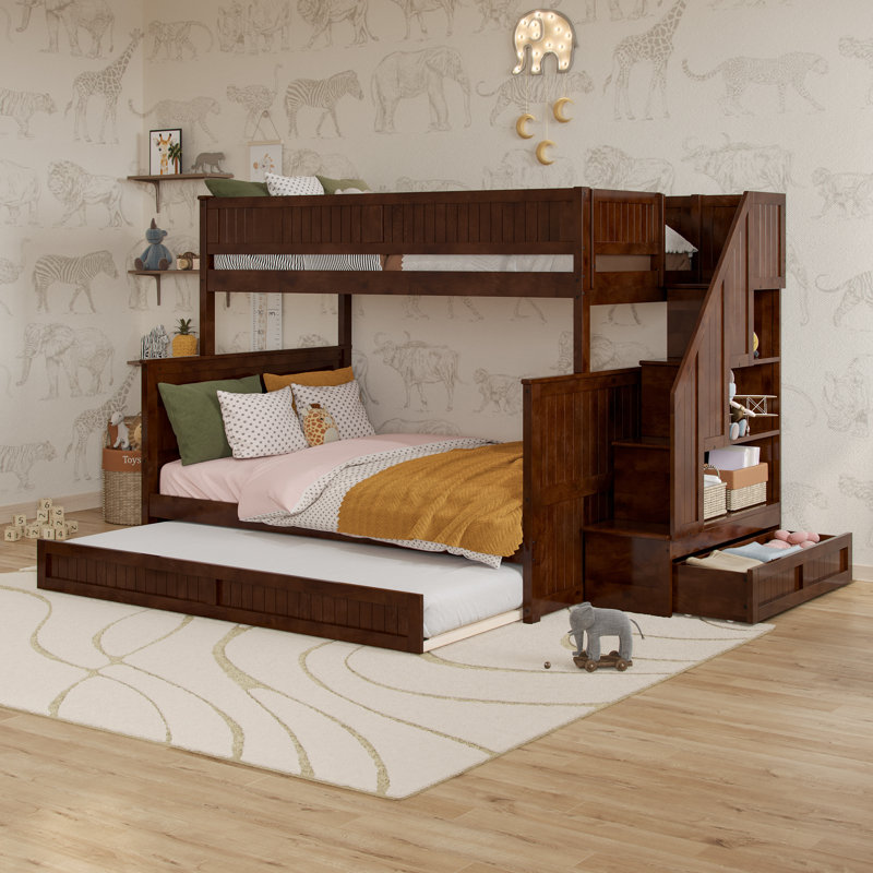 Keaire Staircase Bunk Bed with Storage Drawer and Twin Trundle, Walnut, Twin Over Full