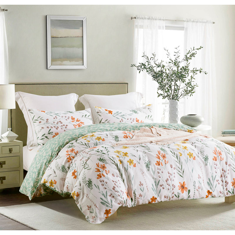 SLEEPBELLA Duvet Cover King, 600 Thread Count Cotton 3Pcs Bedding Set Yellow Flowers And Green Branches Printed On White Reversible Comforter Cover