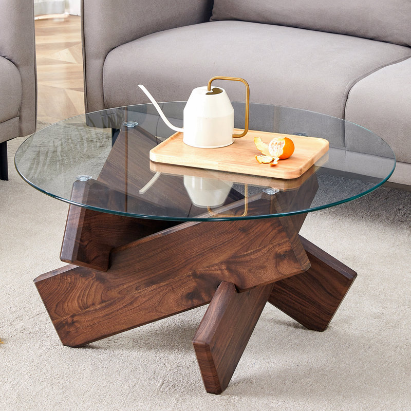 33.4" Round Glass Coffee Table – Tempered Glass Top + Walnut Finish MDF Geometric Legs