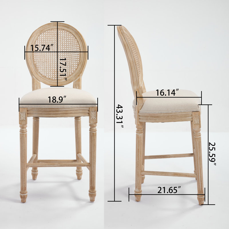 Ensemble de 2 tabourets de bar en bois massif de qualité française avec dossier rembourré beige