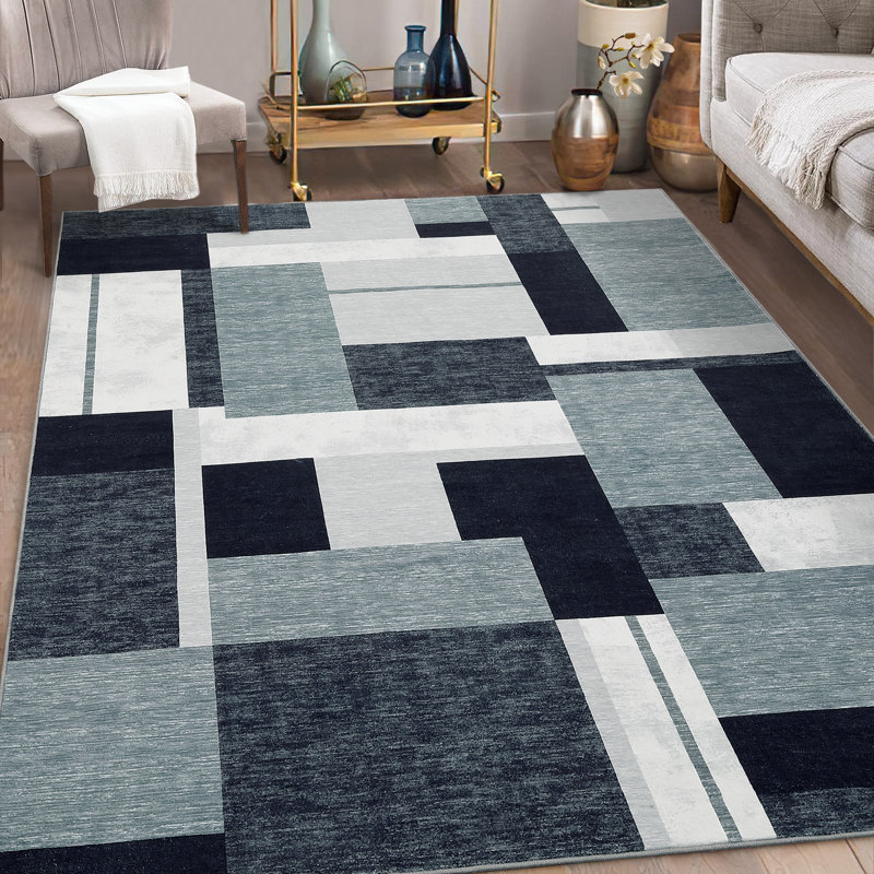 Tapis géométrique moderne antitaches à carreaux pour le salon, Rectangle 6 pi x 9 pi