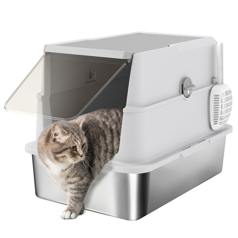 Extra Large Stainless Steel Cat Litter Tray with Scoop Flip Top