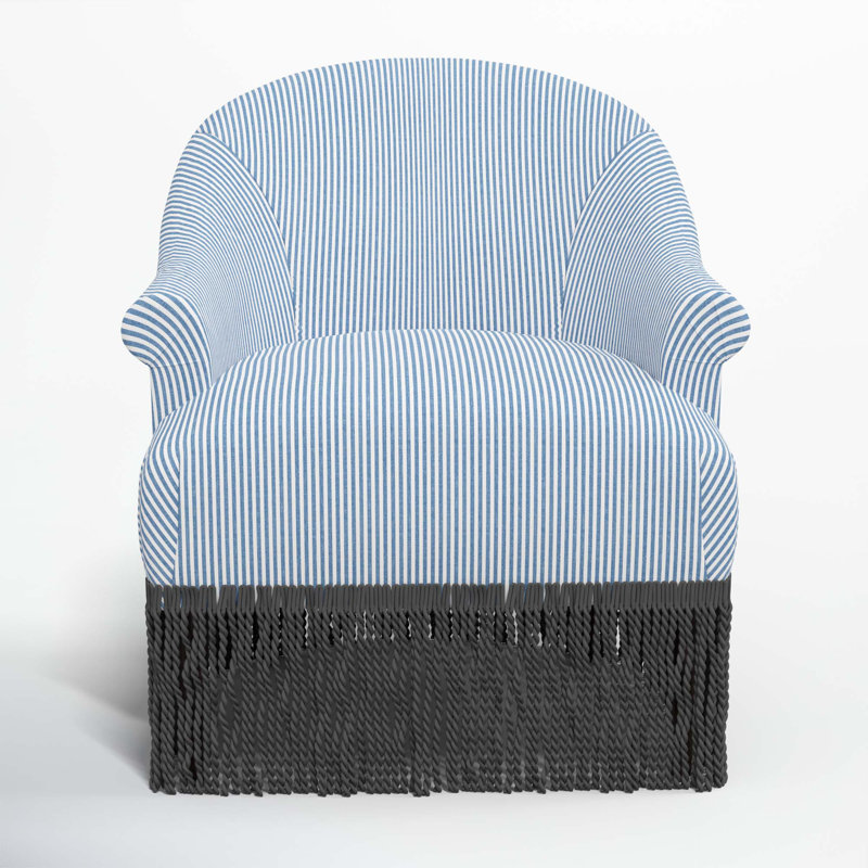 Callie Cotton Upholstered Barrel Chair with Recessed Rolled Arms and Solid Wood Legs, Black, Prep Stripe Blue