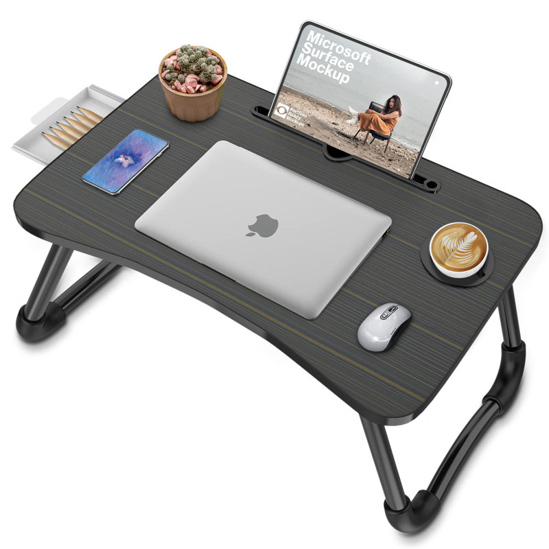 Foldable Laptop Bed Desk, Multi-Function Lap Tray Desk With Storage Drawer And Water Bottle Holder
