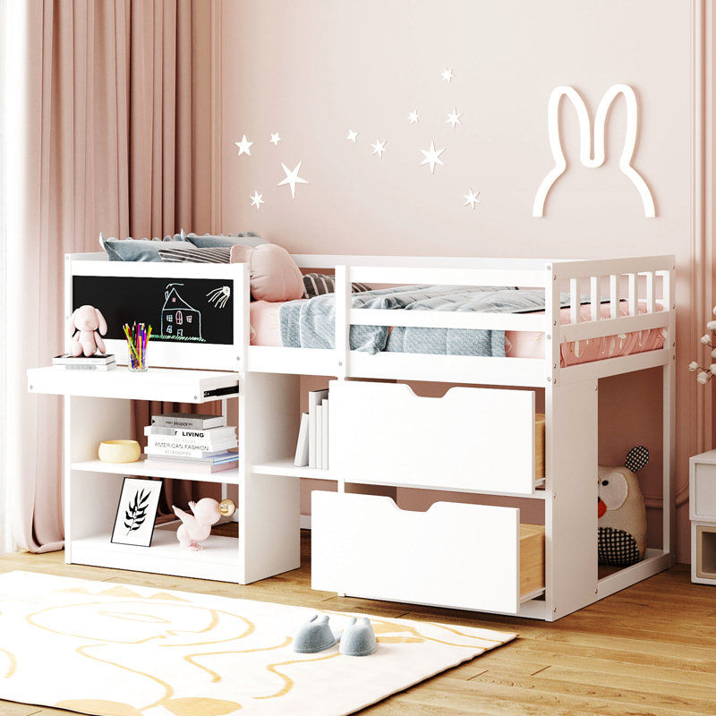 Lit mezzanine simple blanc avec bureau roulant et organisateurs - Bureau bas peu encombrant en bois massif pour une chambre confortable