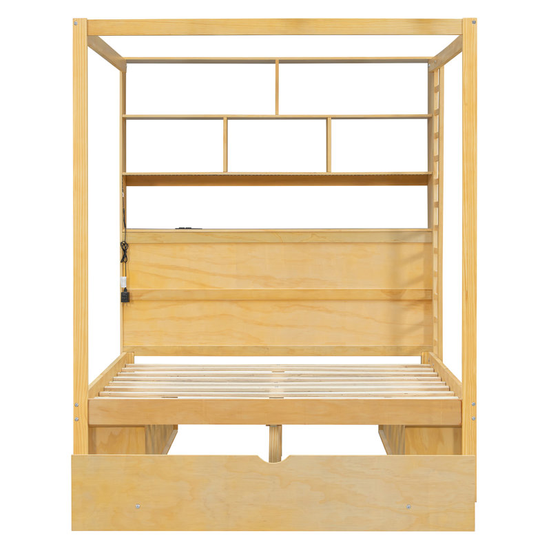 Lit à baldaquin en bois avec bibliothèque, prises USB, éclairage DEL, compartiments de rangement, tiroirs et penderie., Full