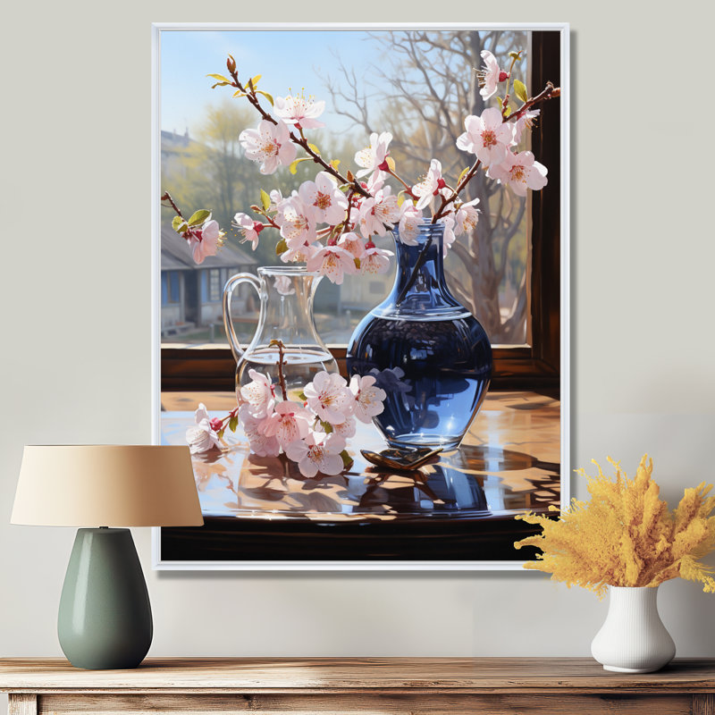 Nature morte, fleurs de cerisier roses, vase bleu - bouquets assortis, H 32 po x l 16 po x P 1 po