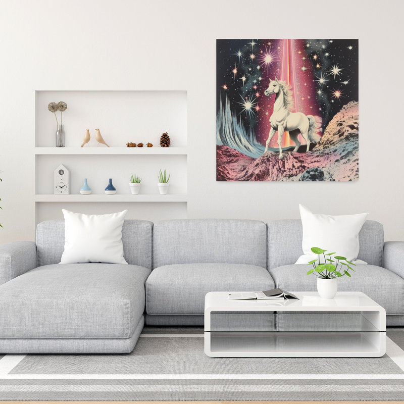Art mural éthéré, cheval mystique, rétro, surréel, paysage, nature, 36" H x 36" W