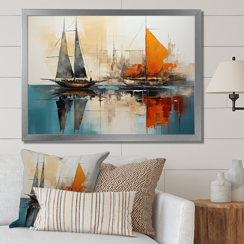 «Moonlight Saiboat Collage Horizon II», bateau à voile, art mural, Cadre de coin noir fermé, H 34 po x l 44 po x P 1,5 po