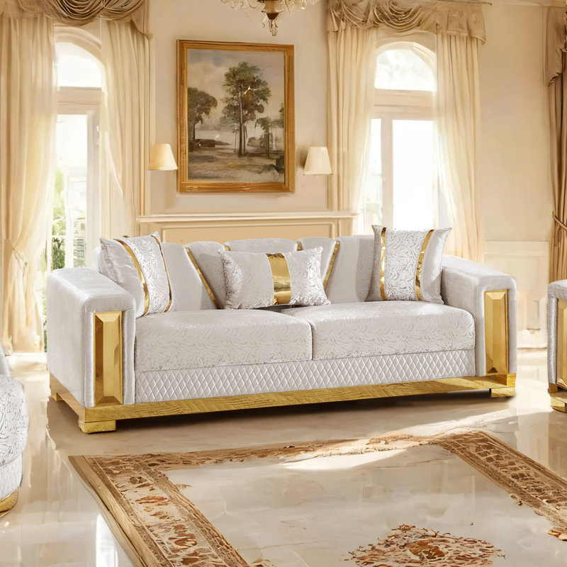 Canapé Milthon avec accoudoirs et coussins décoratifs, Beige