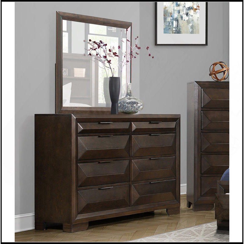 Commode à 8 tiroirs de style contemporain avec panneau surélevé à finition espresso chaud