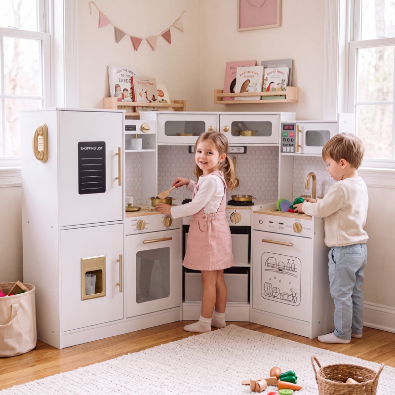 Ensemble de cuisine en bois pour enfants avec jeu de vaisselle, Blanc