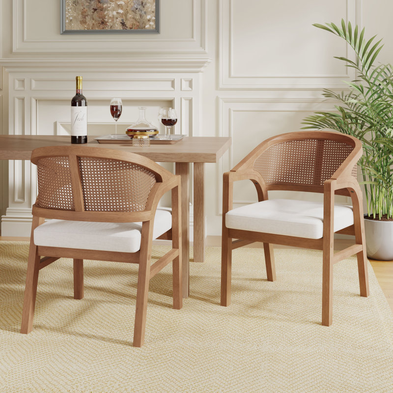 Stanley Wooden Dining Chairs with Cane Back & Upholstered Seat, Natural Oak, White
