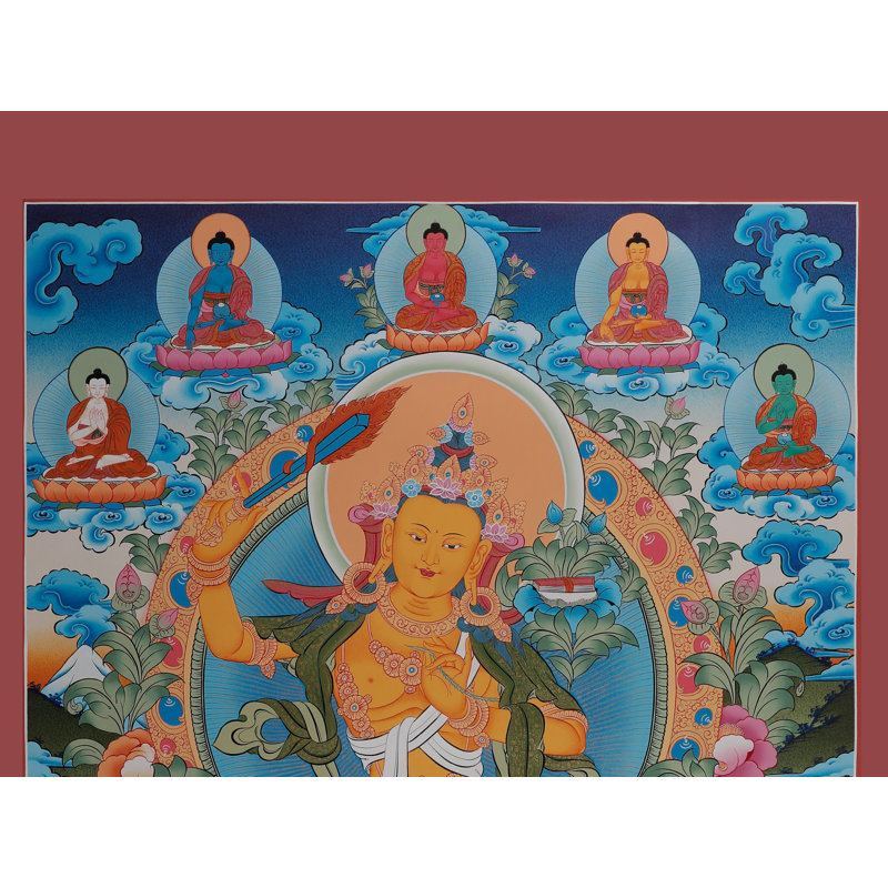 «Manjushri (Arapachana) Bodhisattva Thangka», art divin bouddhiste tibétain peint à la main, sans brocart, or 24 carats pur avec acrylique, 38,6 po x 27,2 po