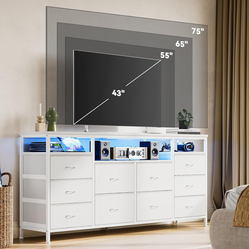 10 Drawer Dresser for Bedroom 63.3 in TV Stand for 65 75 in TVs Fabric Chest, White