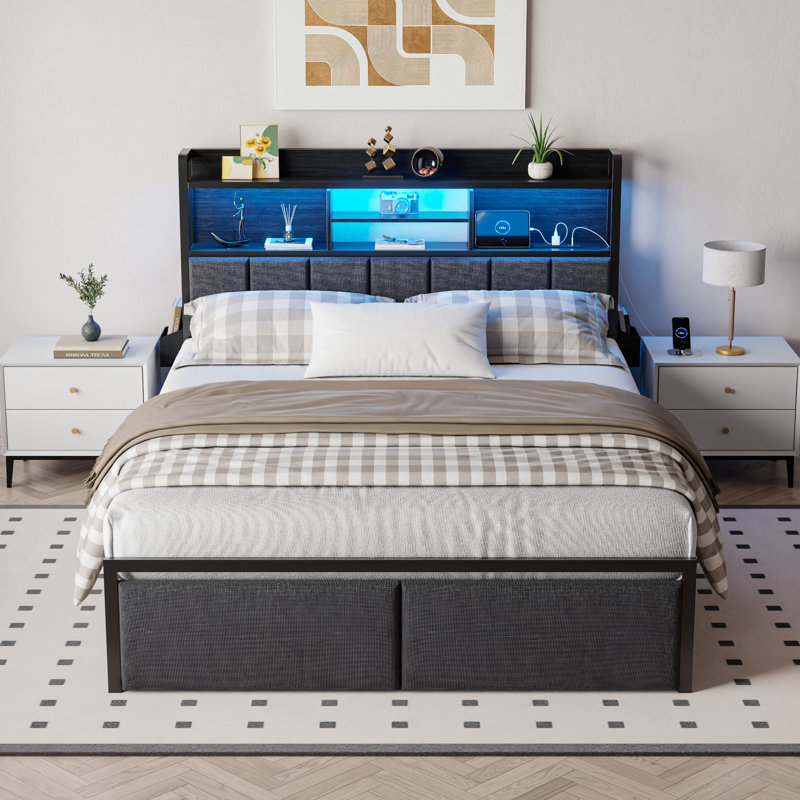 Queen Upholstered Bed Frame with 2 Storage Drawers, Modern Queen Platform Bed with Charging Station & LED Light, No Spring Box Needed