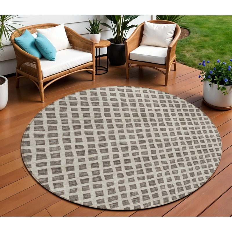Tapis d'intérieur rond lavable à motif géométrique 8 po taupe et ivoire brun