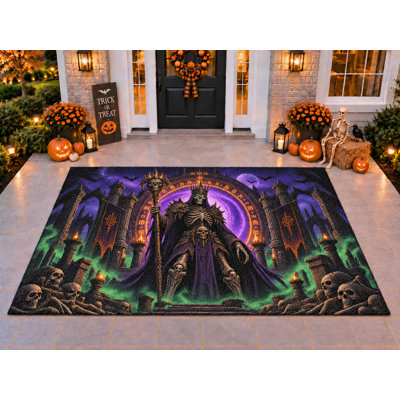 Tapis d'extérieur 152 x 213 cm (5 pi x 7 pi) motif squelette d'Halloween, style gothique, bouclé, en PVC épais, imperméable et résistant. Tapis de terrasse robuste à séchage rapide, idéal pour porche, balcon ou entrée.