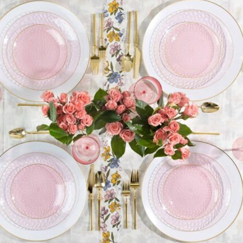 70 convives ronds translucides martelés avec bordure dorée Ecoqualité pour 70 invités