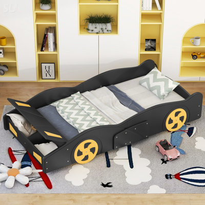 Twin Size Race Car-Shaped Platform Bed With Wheels And Storage, Black+Yellow, Bed