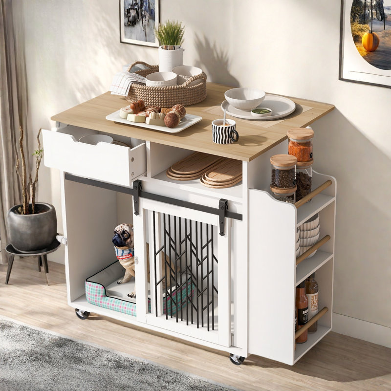 Modern Mobile Kitchen Island With A Drawer, A Cabinet With Sliding Doors, An Open Shelf, And Side Shelves And Drop Leaf