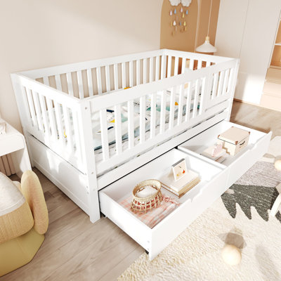 Convertible Toddler Bed with Storage Drawers, 3-in-1 Solid Wood Kids Daybed with Removable Guardrails, Compatible with standard US toddler mattresses, White