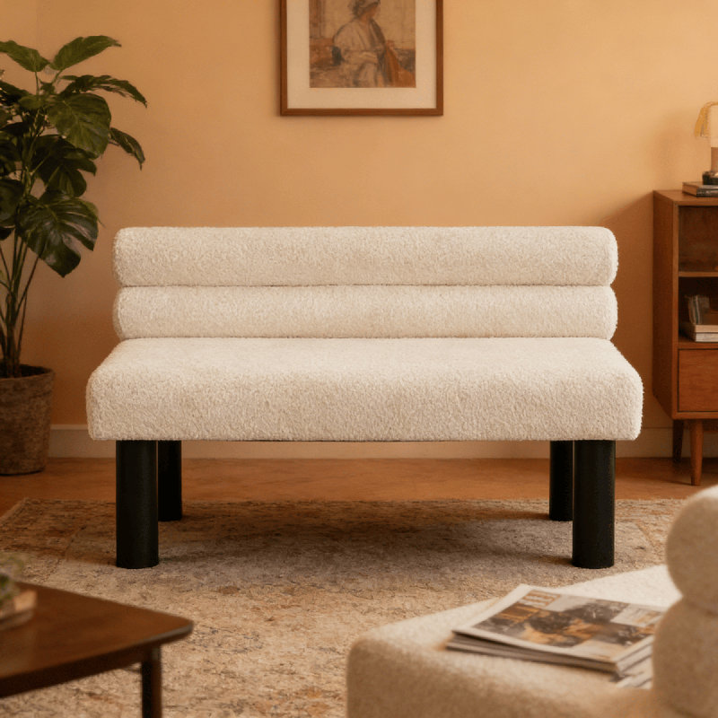 Banc de salle à manger rembourré avec pieds en bois d'hévéa et dossier roulé Yisroel, Beige Boucle, Noir